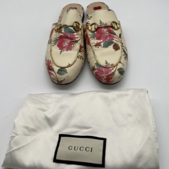 Gucci Flat Princetown Leather Floral Print Mule Slide w/ Buckle sz 36 - Picture 1 of 6
